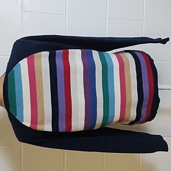 Cotton Blend Navy Raglan Sleeve Multi Stripe Crew Neck Mid-Weight Sweater - Picture 2 of 10